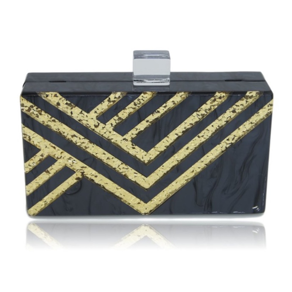 Pearl acrylic box clutch with gold sequins detail